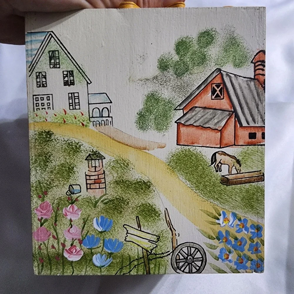 Vintage Hand Painted Wooden Farmhouse Tissue Box Cover Sunflower Barn Scene